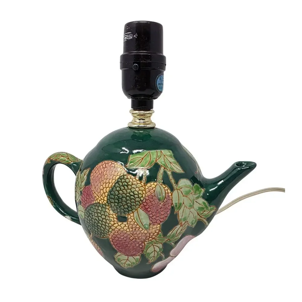 Vintage Ceramic Teapot Lamp Raised Fruit Green Chinoiserie Table Light